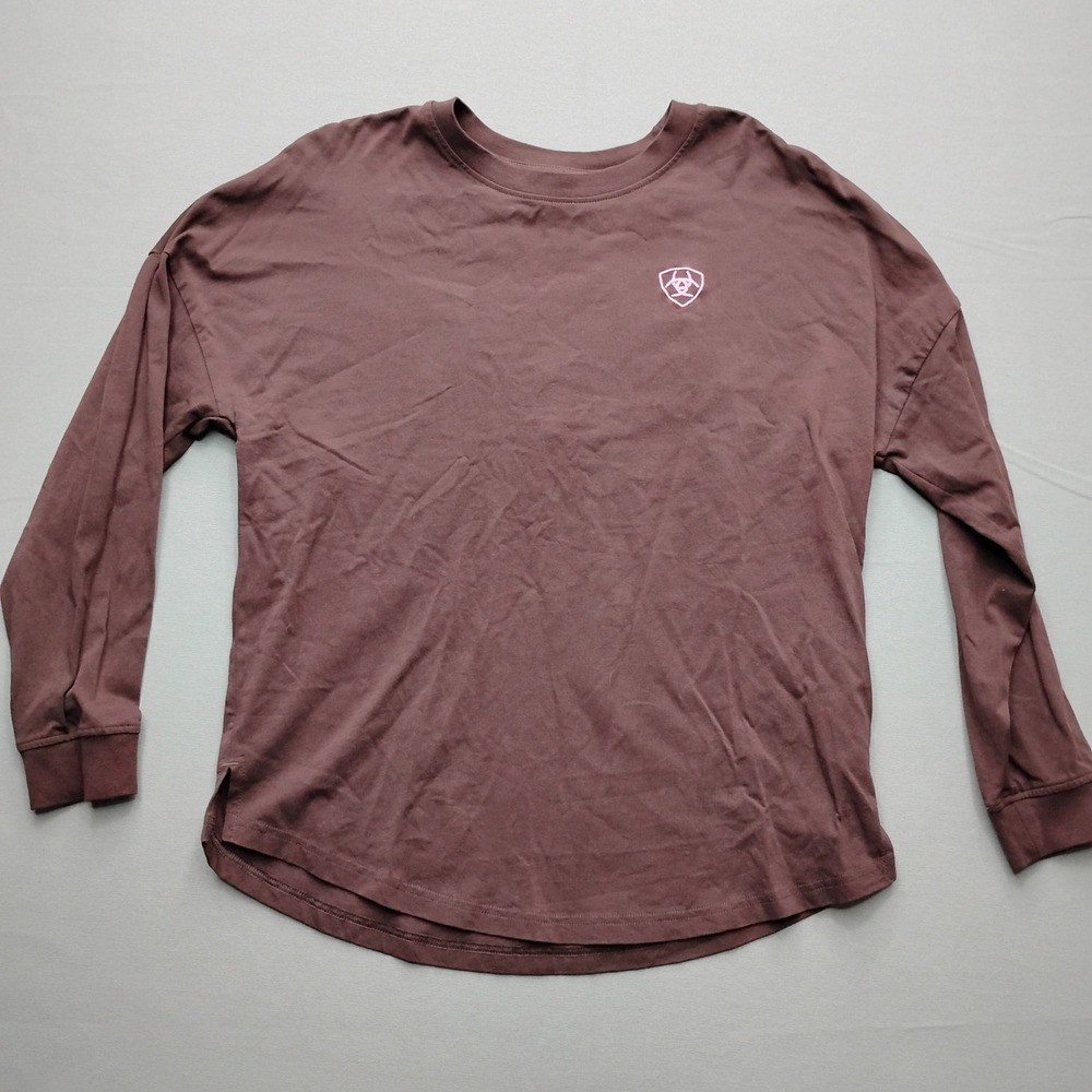 Ariat Womens Oversize Fit Long Sleeve T-Shirt Brown Pink Logo 10047407 Medium